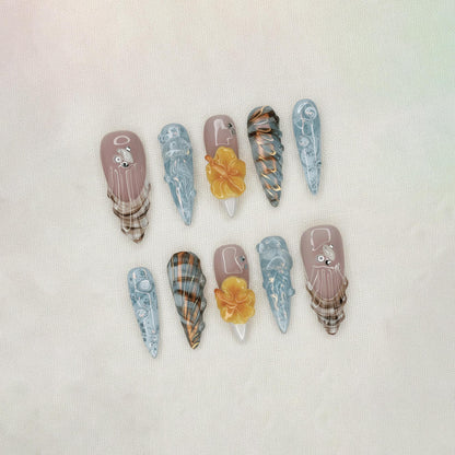 Summer Ocean Press On Nails, Jellyfish Nails, Blue Beach Nails, 3D Hibiscus Flower Nails, Handmade Reusable Nails