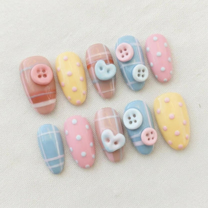 Handmade Pastel Button Nail Art, 3D Kawaii Polka Dot Press On Nails