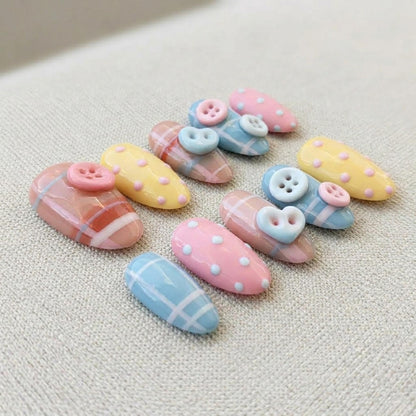 Handmade Pastel Button Nail Art, 3D Kawaii Polka Dot Press On Nails