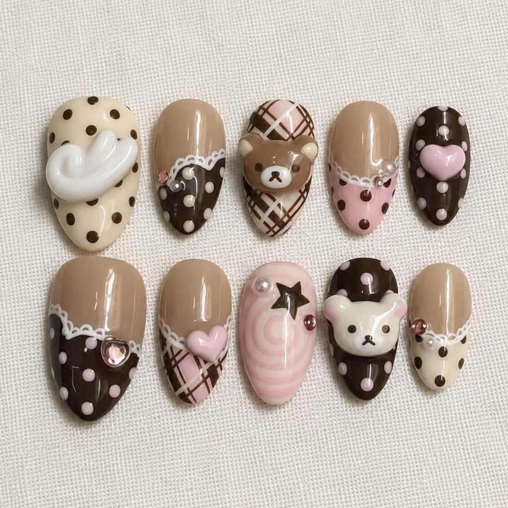 Chocolate Bear Press On Nails, Kawaii Coquette Nail Design