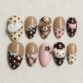 Chocolate Bear Press On Nails, Kawaii Coquette Nail Design