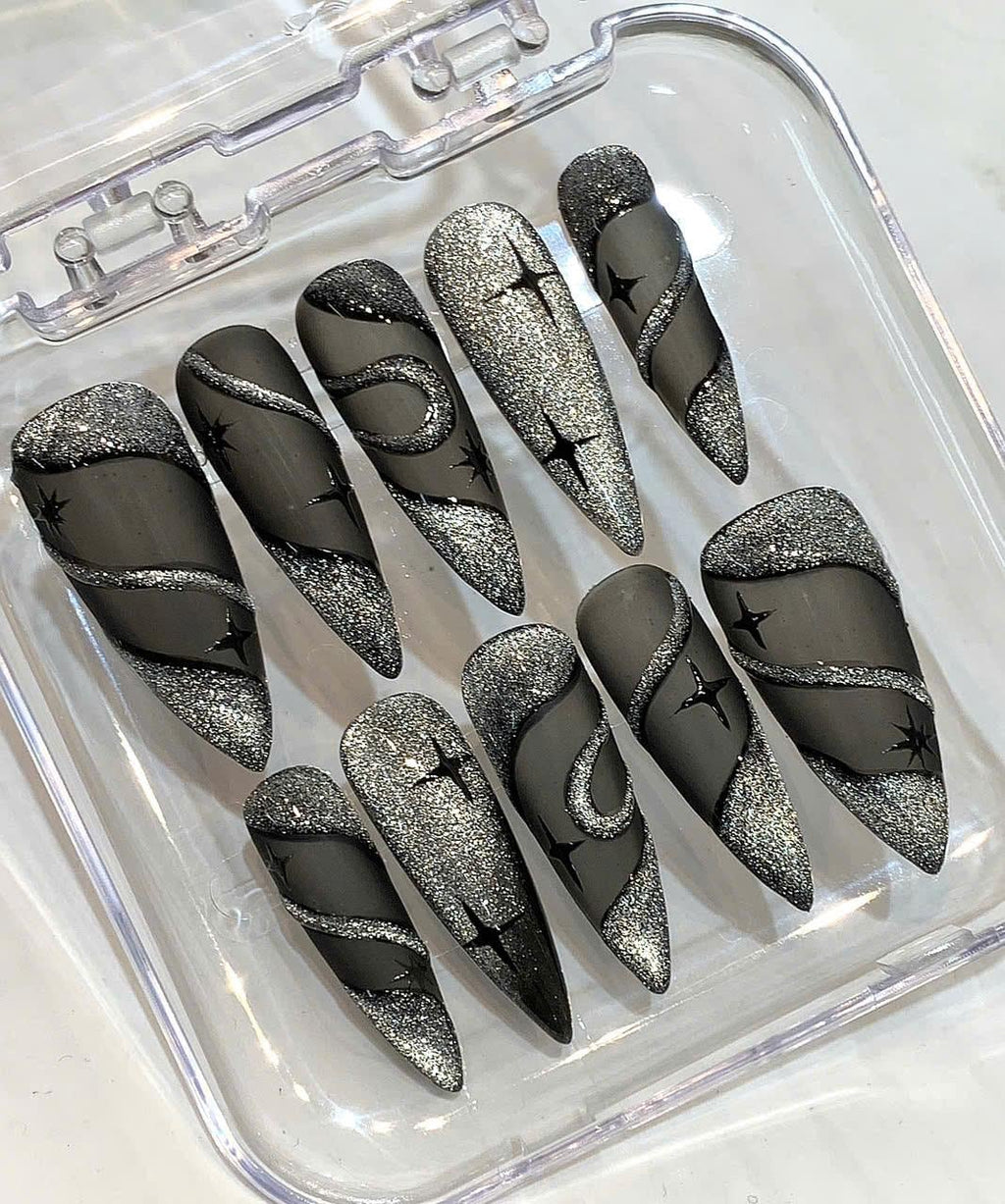 Black Glitter Stiletto Press On Nails: Moon & Star Nail Art