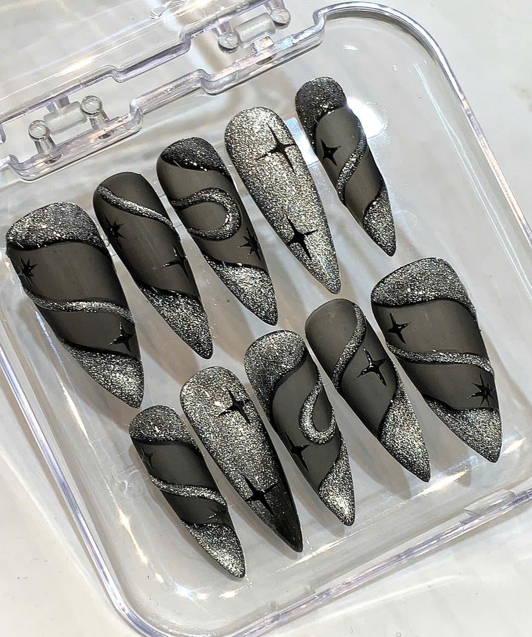 Black Glitter Stiletto Press On Nails: Moon & Star Nail Art