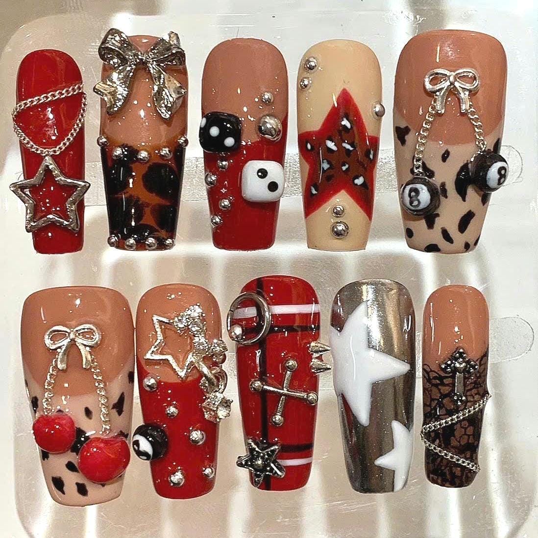 Rock Star Red Leopard Press On Nails – Edgy Dice & Chain Charm Nails