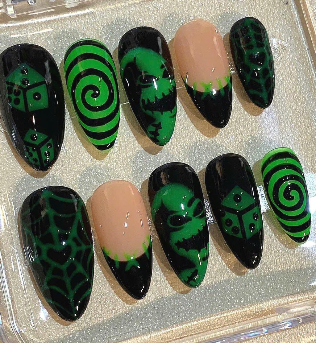Oogie Boogie Halloween Press On Nails | Neon Green Gothic Nail Art Set