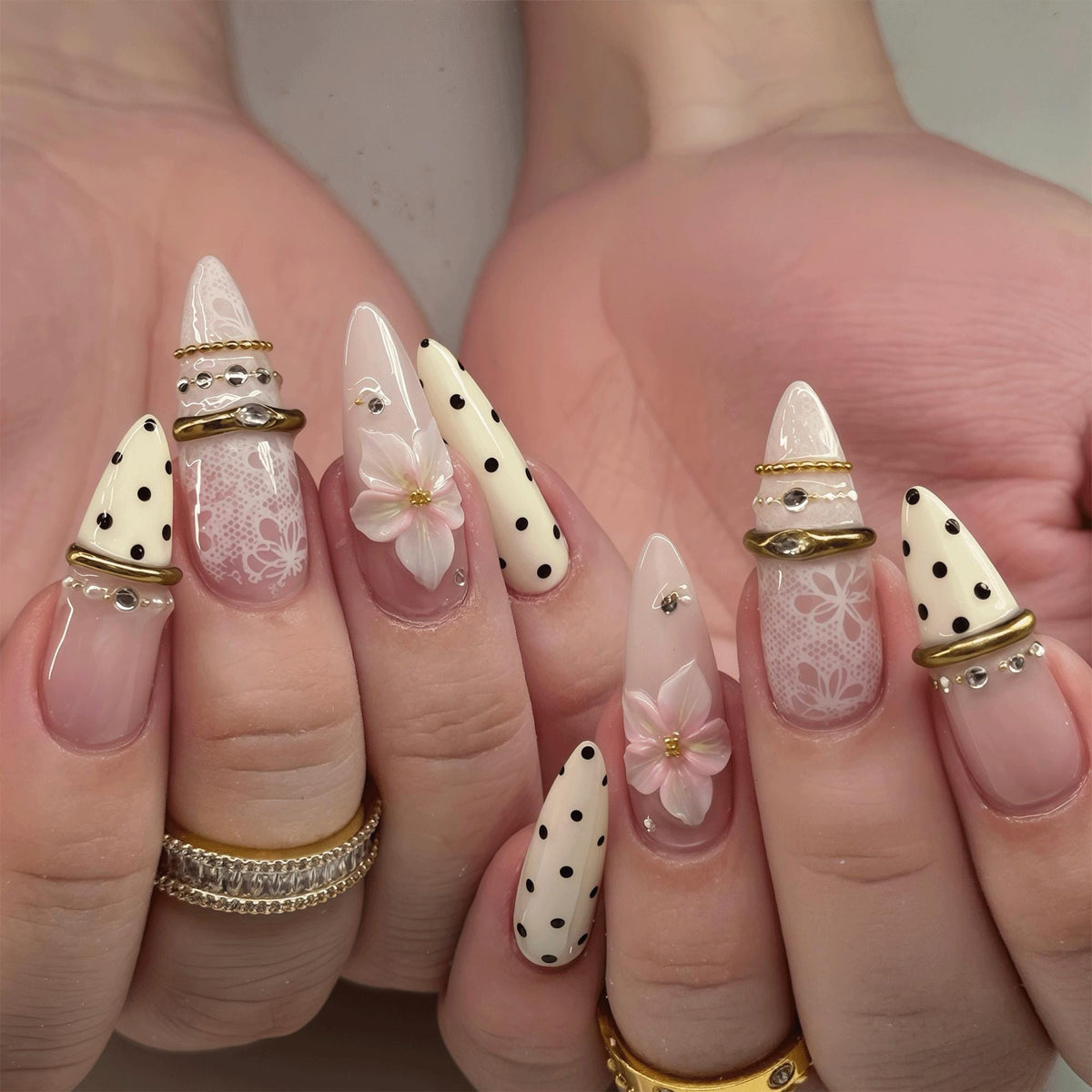 Elegant Bridal Press On Nails, White Lace Nails, 3D Floral Prom Nails, Feminine Polka Dot Nail Set, Handmade Reusable Nails
