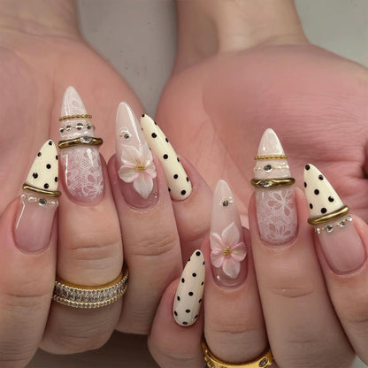 Elegant Bridal Press On Nails, White Lace Nails, 3D Floral Prom Nails, Feminine Polka Dot Nail Set, Handmade Reusable Nails
