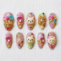 Handmade Kawaii Press On Nails with 3D Cartoon Bear and Pink Bows