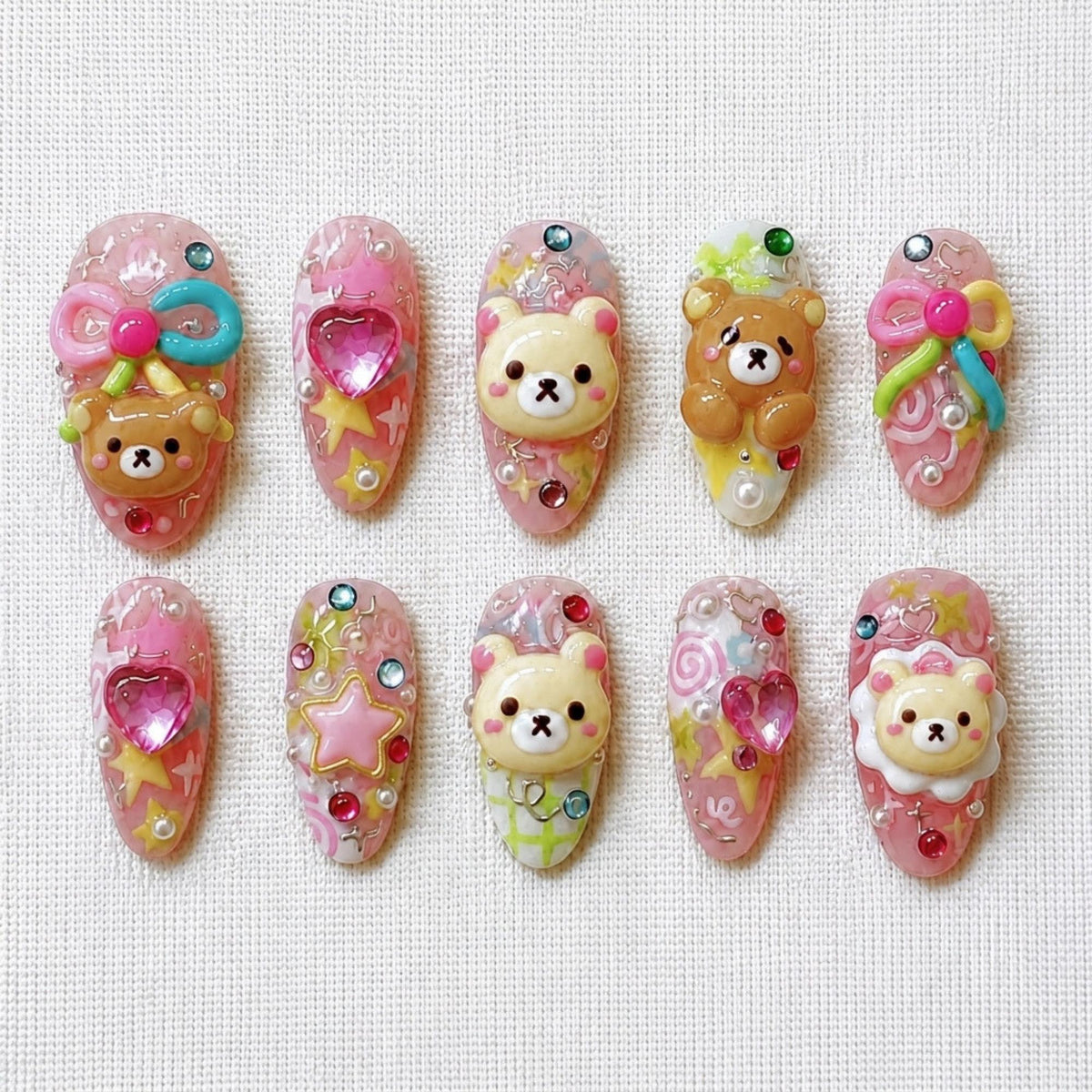 Handmade Kawaii Press On Nails with 3D Cartoon Bear and Pink Bows