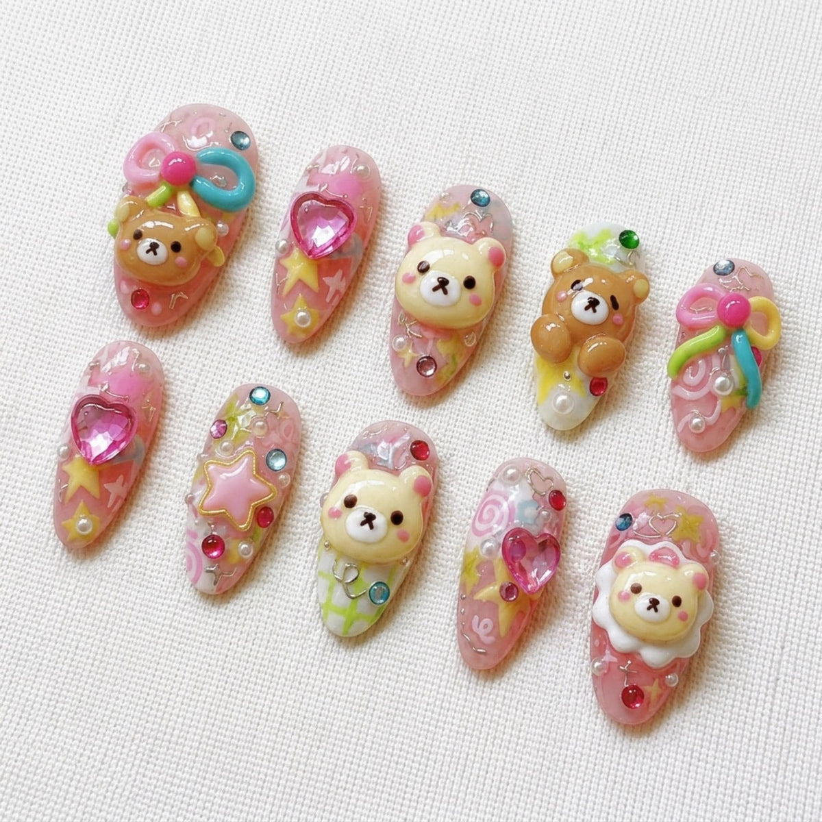 Handmade Kawaii Press On Nails with 3D Cartoon Bear and Pink Bows