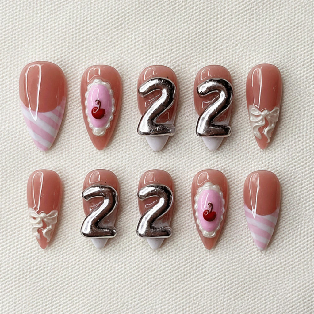 Pink Birthday Press On Nails, 3D Coquette Bow Nail Art, Handmade Reusable Nails, Custom 22nd Birthday Nail Set