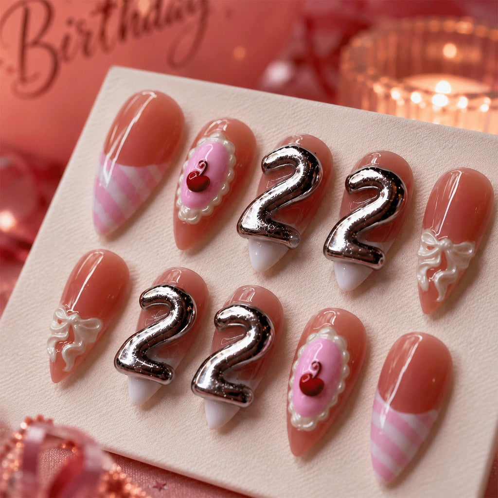 Pink Birthday Press On Nails, 3D Coquette Bow Nail Art, Handmade Reusable Nails, Custom 22nd Birthday Nail Set
