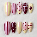 Coquette Stripe Press On Nails, Pink Yellow Polka Dot Nail Art, Kawaii Handmade Nails