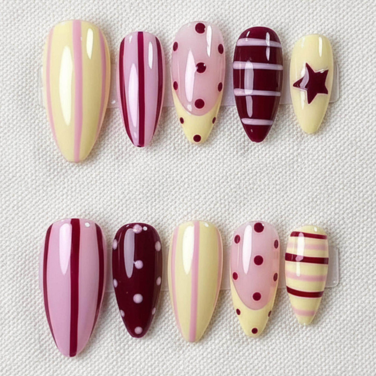Coquette Stripe Press On Nails, Pink Yellow Polka Dot Nail Art, Kawaii Handmade Nails