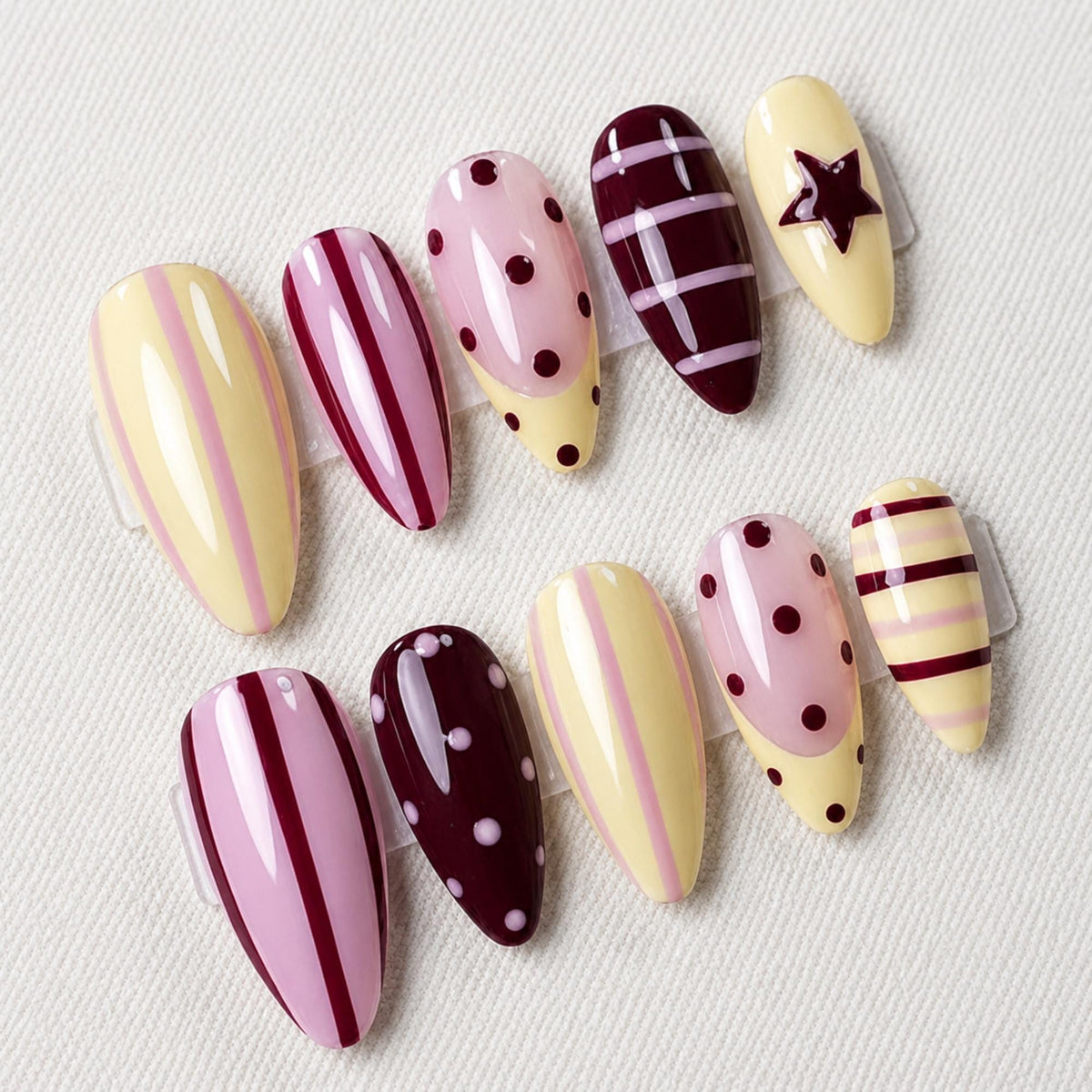 Coquette Stripe Press On Nails, Pink Yellow Polka Dot Nail Art, Kawaii Handmade Nails