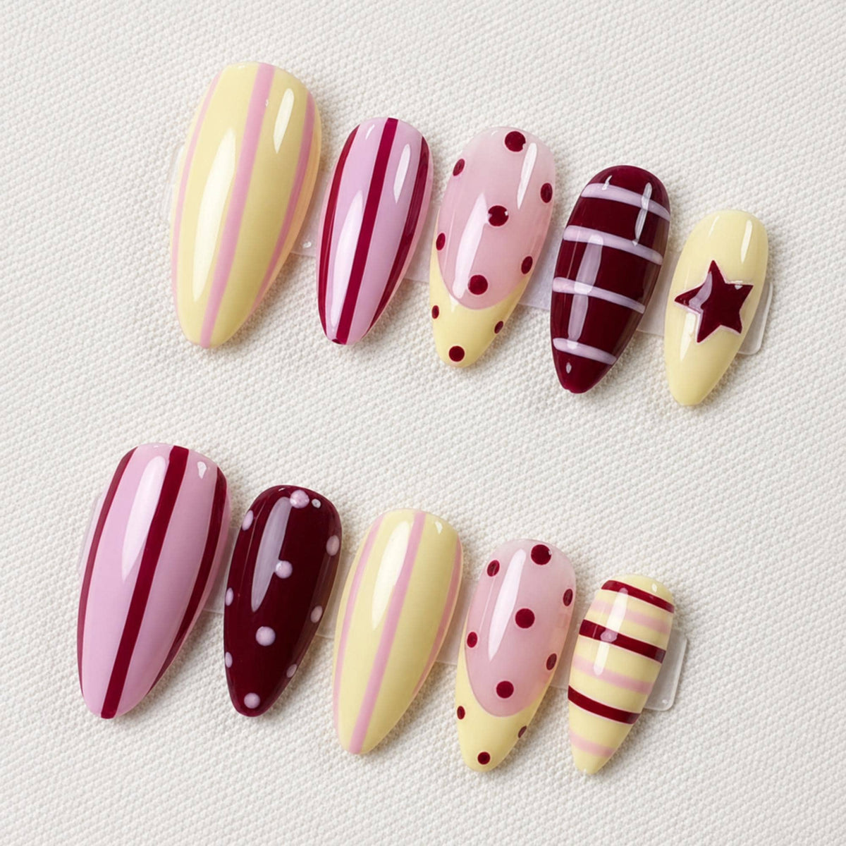 Coquette Stripe Press On Nails, Pink Yellow Polka Dot Nail Art, Kawaii Handmade Nails