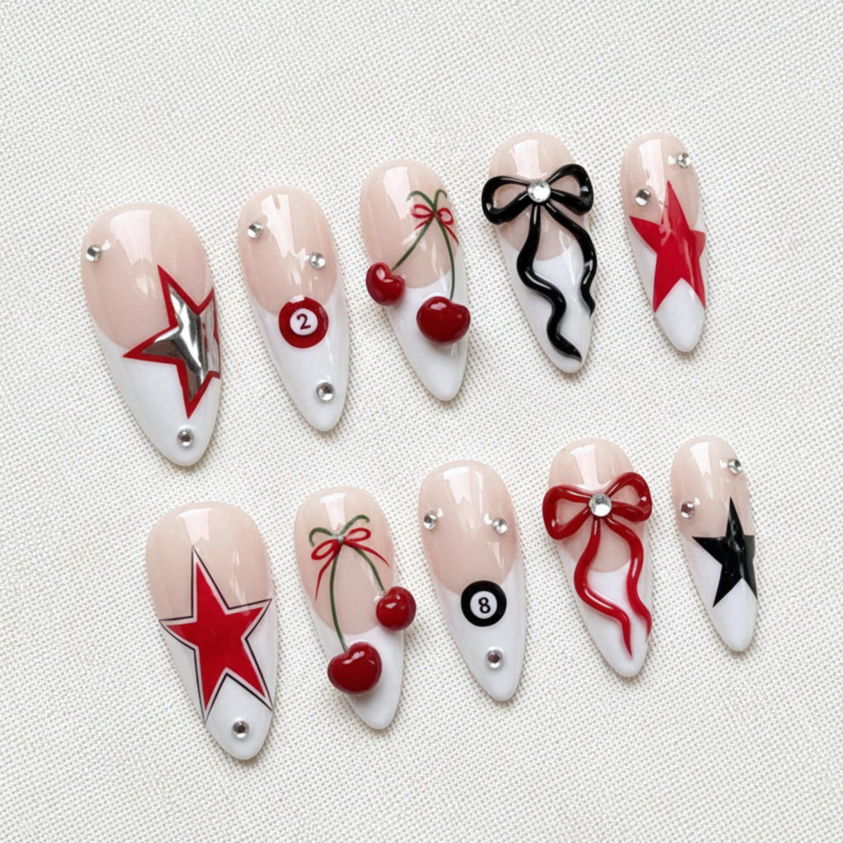 Red Star Y2K Press On Nails, Cherry Bow Nail Design