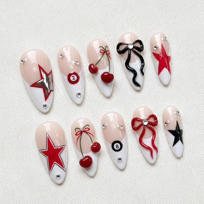 Red Star Y2K Press On Nails, Cherry Bow Nail Design