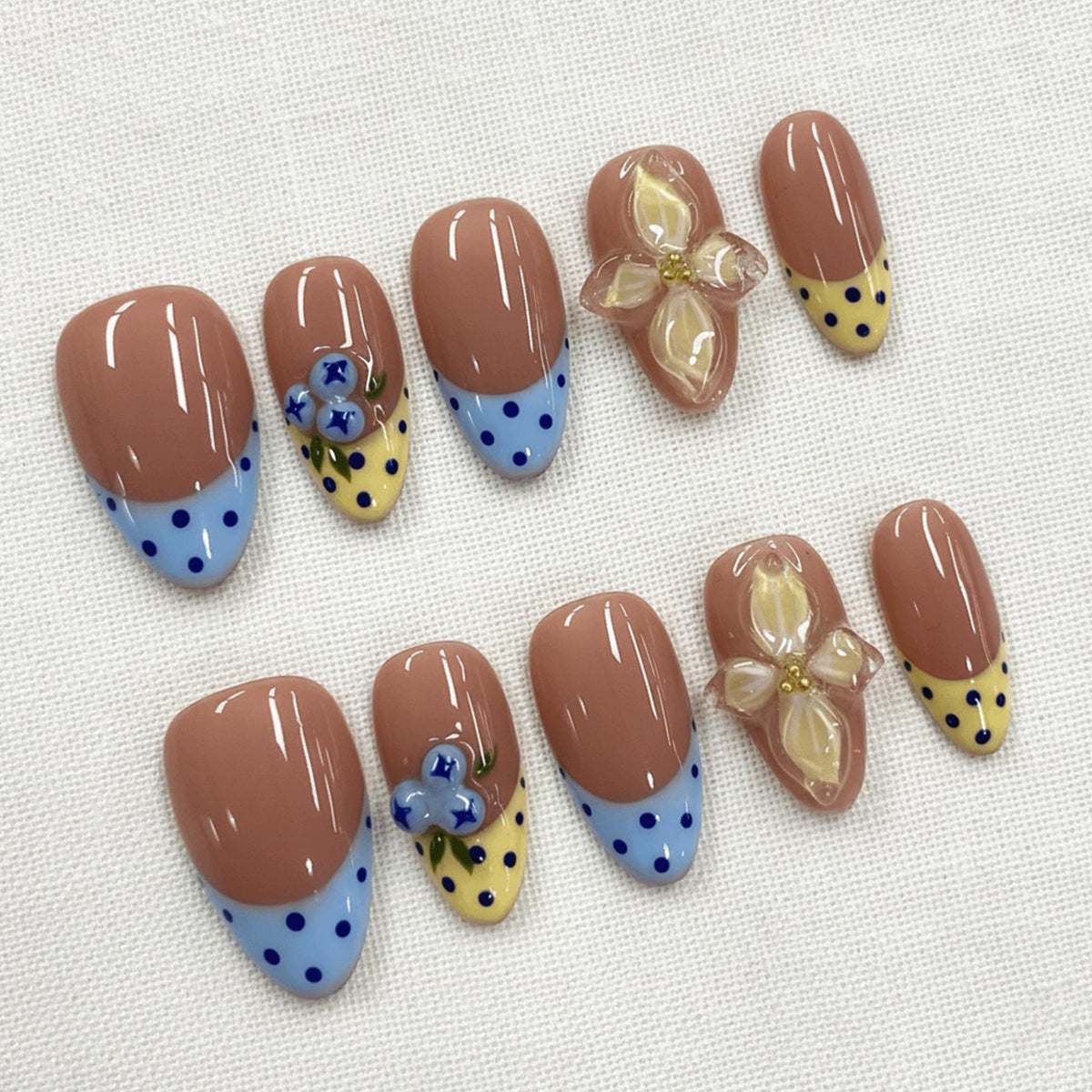 Floral Summer Press On Nails, Blue Polka Dot Nails, 3D Flower Nail Art, Cute Beach Vacation Nails, Handmade Reusable Nail Set