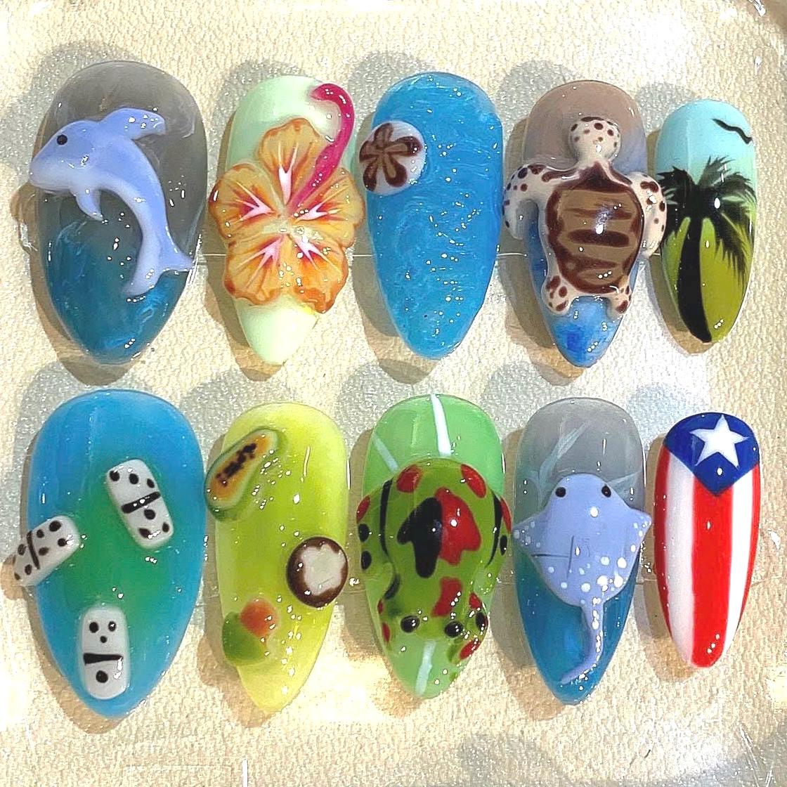 3D Tropical Ocean Press On Nails: Dolphin, Turtle & Hibiscus