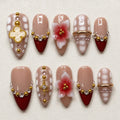 Burgundy Bridal Press On Nails, 3D Flower Nails, Red French Tip Nails, Luxury Wedding Nails, Elegant Handmade Nail Set