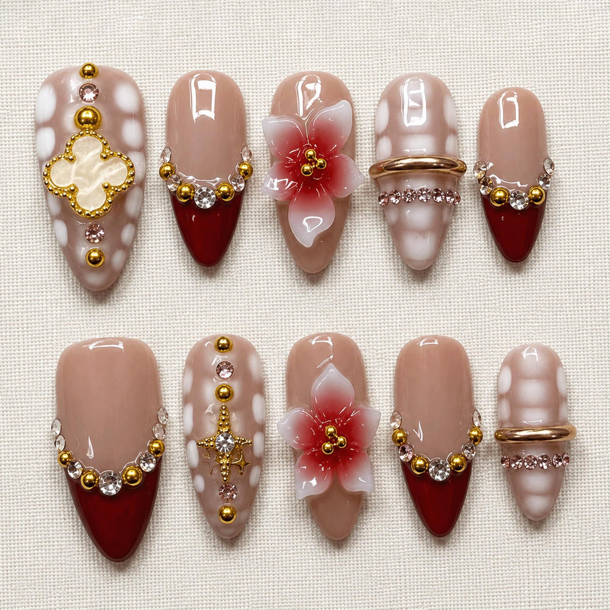 Burgundy Bridal Press On Nails, 3D Flower Nails, Red French Tip Nails, Luxury Wedding Nails, Elegant Handmade Nail Set