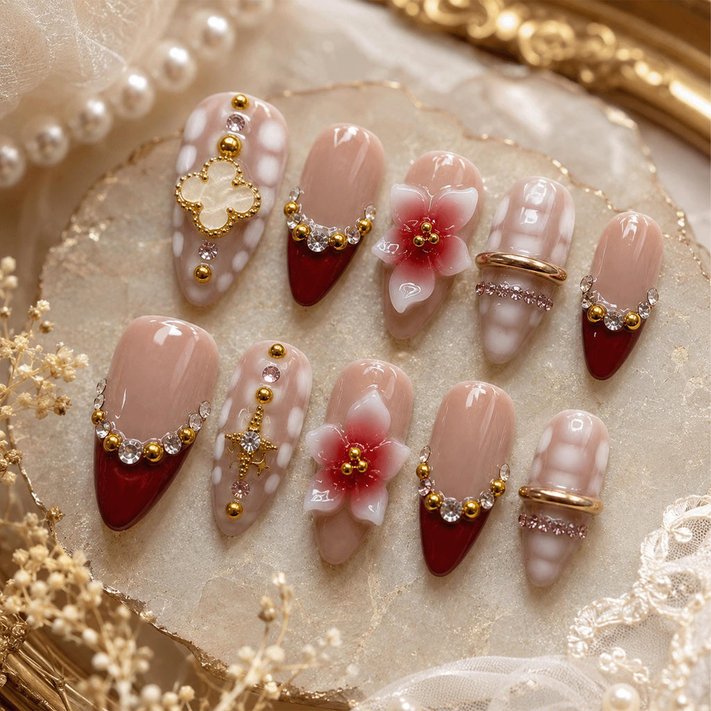 Burgundy Bridal Press On Nails, 3D Flower Nails, Red French Tip Nails, Luxury Wedding Nails, Elegant Handmade Nail Set