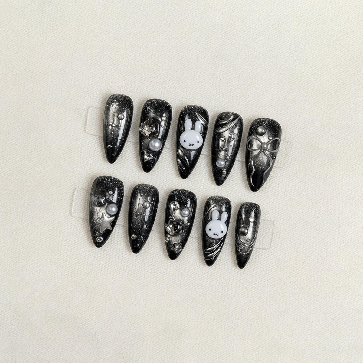 Black Kawaii Press On Nails, Cute Bunny Nail Set, Silver Cat Eye Nail Art, Handmade Y2K Gothic Nails