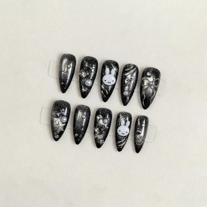 Black Kawaii Press On Nails, Cute Bunny Nail Set, Silver Cat Eye Nail Art, Handmade Y2K Gothic Nails