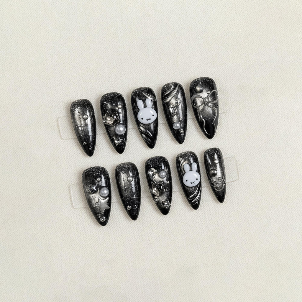 Black Kawaii Press On Nails, Cute Bunny Nail Set, Silver Cat Eye Nail Art, Handmade Y2K Gothic Nails