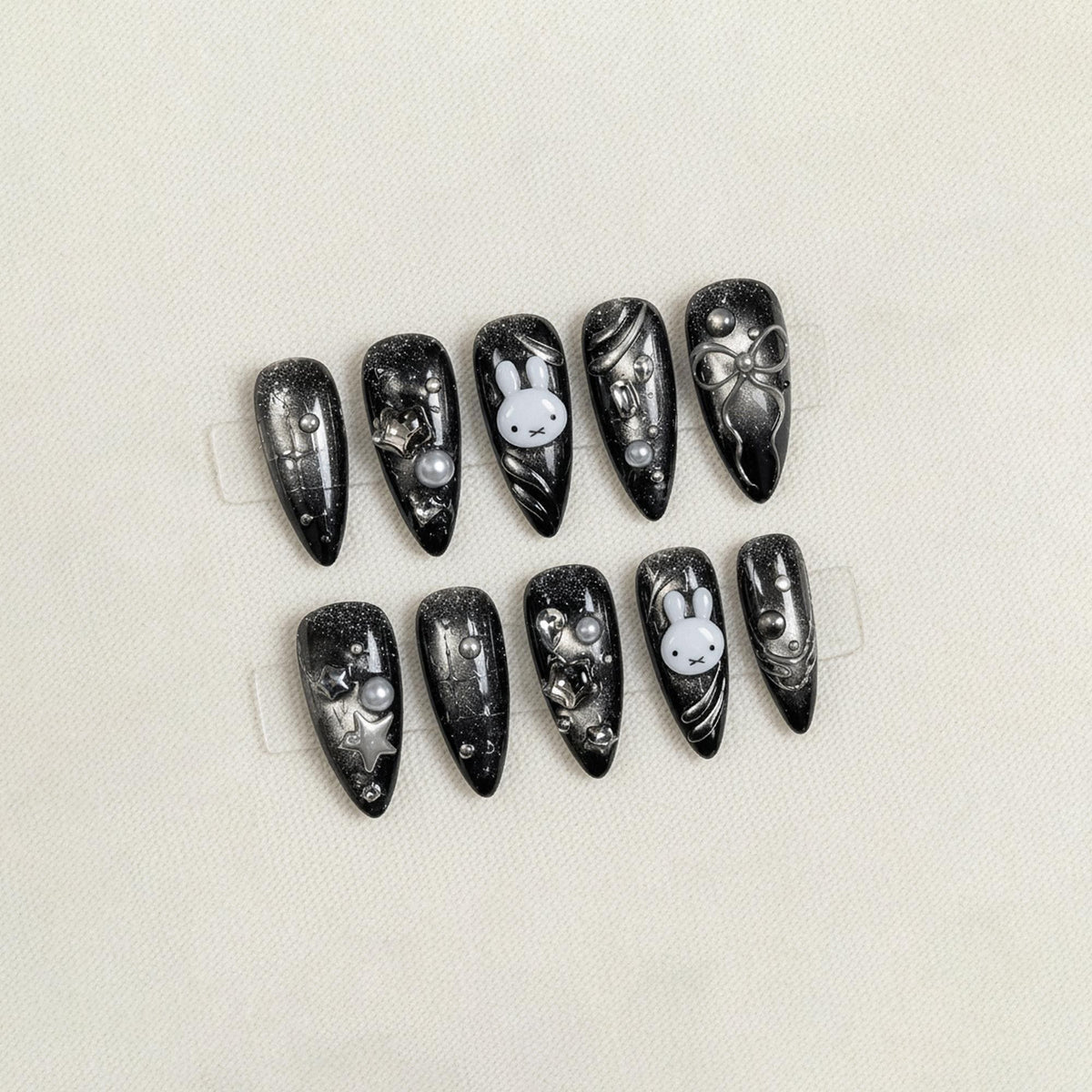 Black Kawaii Press On Nails, Cute Bunny Nail Set, Silver Cat Eye Nail Art, Handmade Y2K Gothic Nails