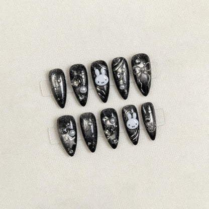 Black Kawaii Press On Nails, Cute Bunny Nail Set, Silver Cat Eye Nail Art, Handmade Y2K Gothic Nails