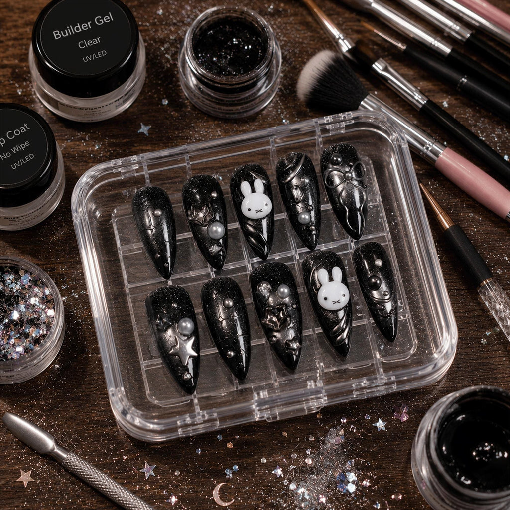 Black Kawaii Press On Nails, Cute Bunny Nail Set, Silver Cat Eye Nail Art, Handmade Y2K Gothic Nails