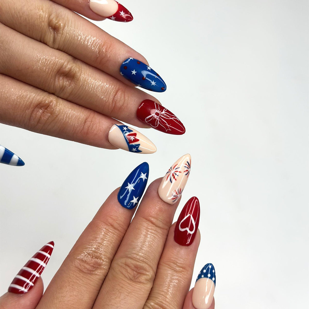 4th of July Press On Nails | Handpainted Patriotic USA Flag Almond Nails | JB398LK