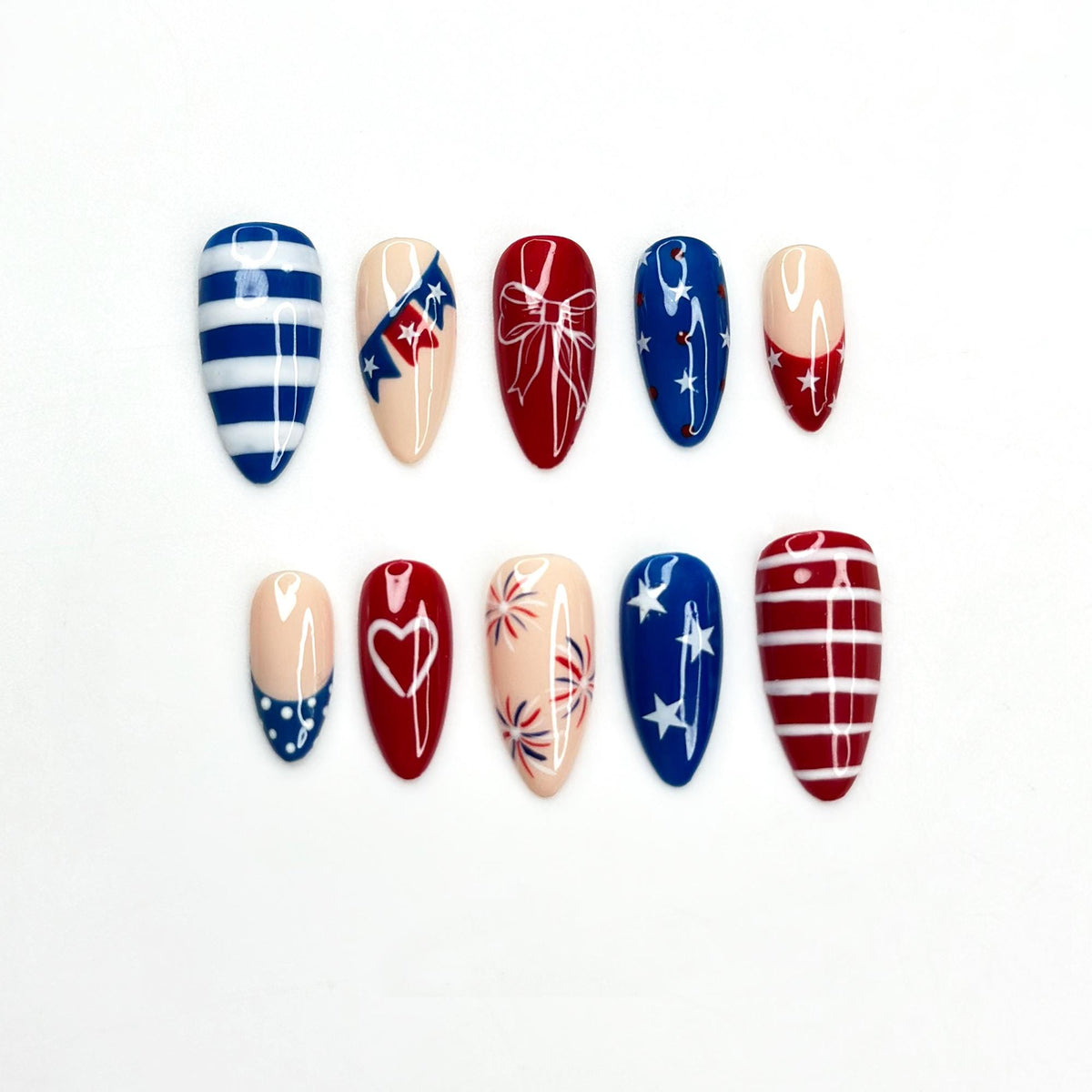 4th of July Press On Nails | Handpainted Patriotic USA Flag Almond Nails | JB398LK