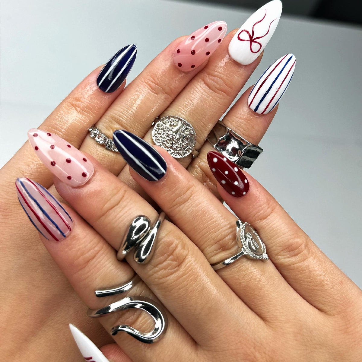 4th of July Press On Nails | Red White Blue Coquette Nails | Patriotic Almond Nails | USA Flag Summer BBQ Nails | Americana Nails | JB399LK