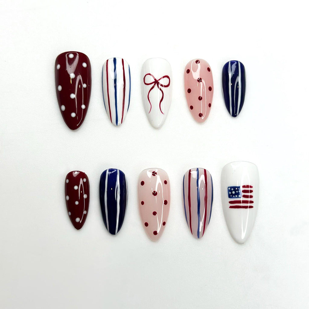 4th of July Press On Nails | Red White Blue Coquette Nails | Patriotic Almond Nails | USA Flag Summer BBQ Nails | Americana Nails | JB399LK