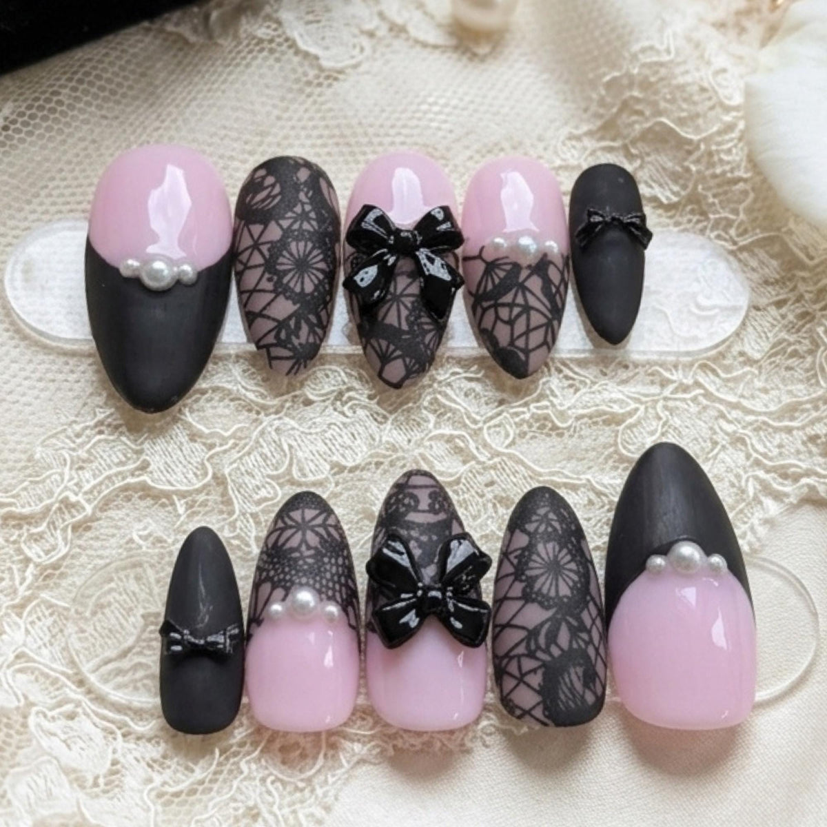 Black Lace Press On Nails, Coquette Gothic Bridal Nails