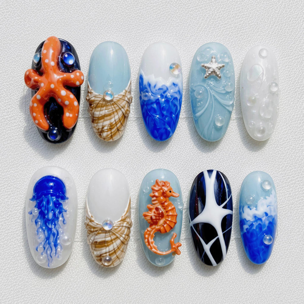 Beach Vacation Press On Nails, Ocean Theme Nails, Mermaidcore Nail Set, 3D Seahorse Jellyfish Nails, Summer Nails Handmade