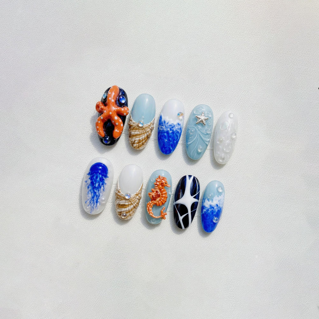Beach Vacation Press On Nails, Ocean Theme Nails, Mermaidcore Nail Set, 3D Seahorse Jellyfish Nails, Summer Nails Handmade