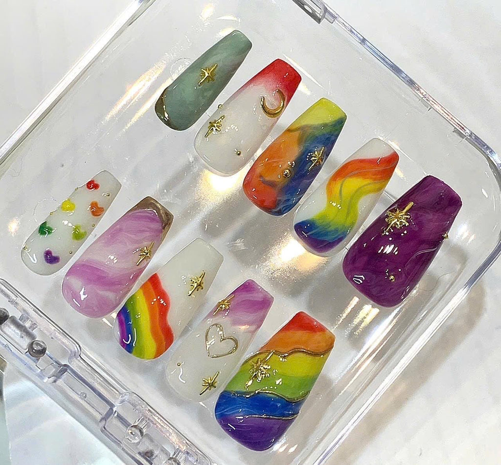 Celestial Rainbow Press On Nails | Marble Coffin Set | Fantasy Aura Y2K Style