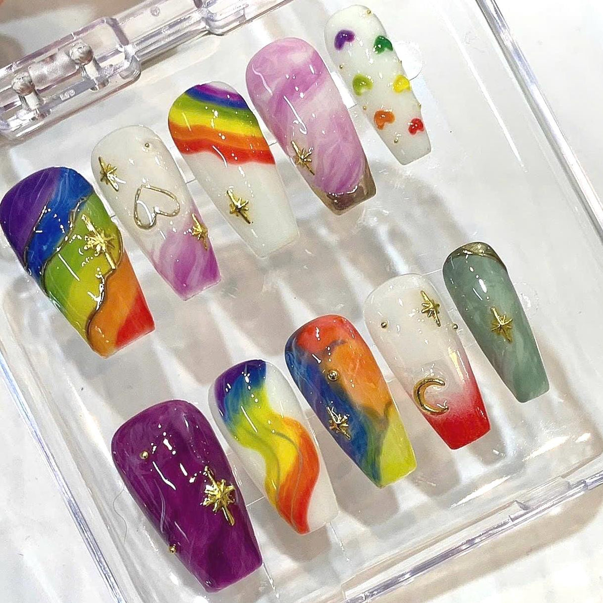 Celestial Rainbow Press On Nails | Marble Coffin Set | Fantasy Aura Y2K Style