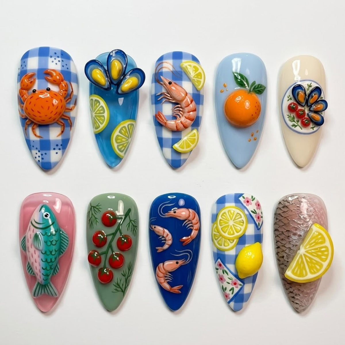 Summer Coastal Press On Nails / Mediterranean Vacation Aesthetic / Hand Painted 3D Seafood Citrus Nail Art
