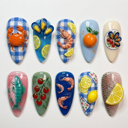 Summer Coastal Press On Nails / Mediterranean Vacation Aesthetic / Hand Painted 3D Seafood Citrus Nail Art