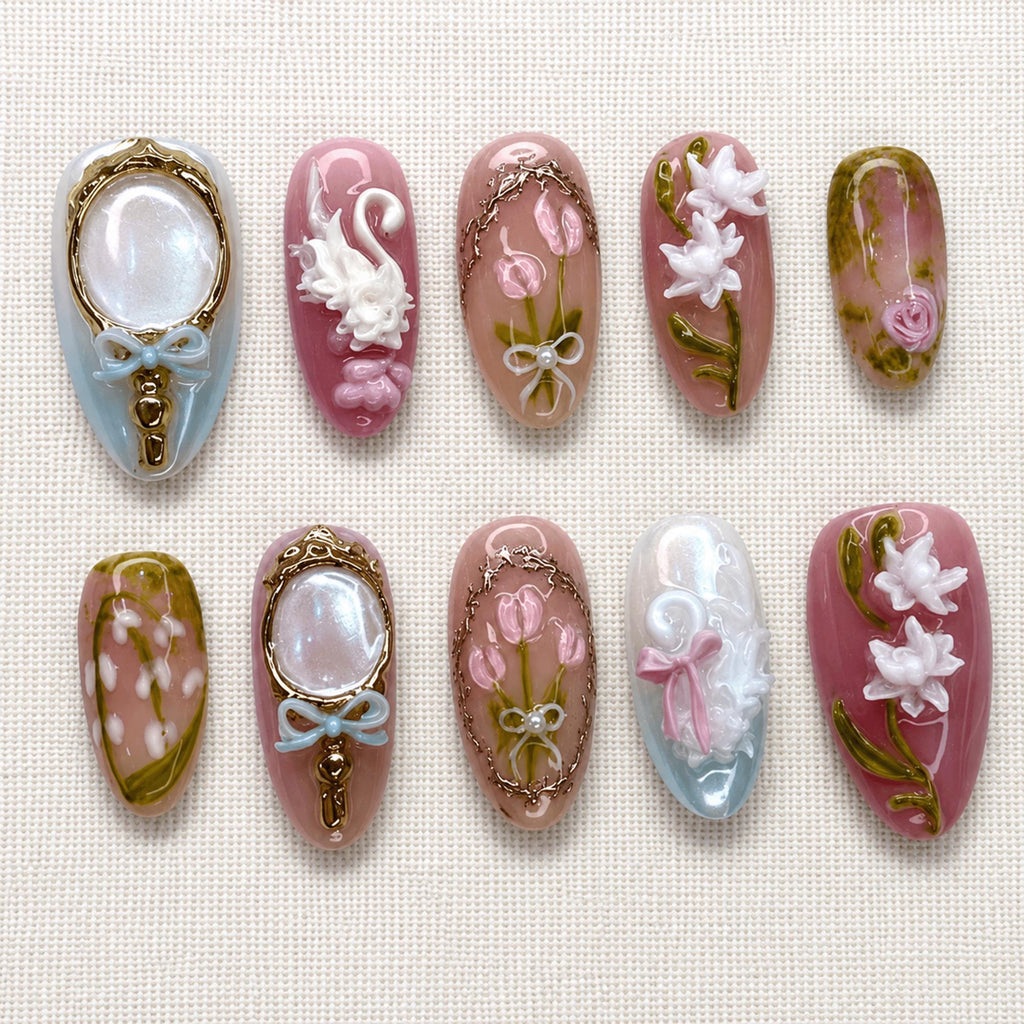 Coquette Floral Press On Nails, Feminine Pink Nail Set, Romantic Fairycore Nails, Handmade Press Ons