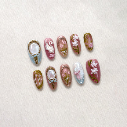 Coquette Floral Press On Nails, Feminine Pink Nail Set, Romantic Fairycore Nails, Handmade Press Ons