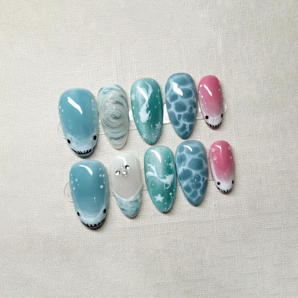 Cute Shark Press On Nails, Summer Beach Nail Art, Handmade Blue Ocean Nails