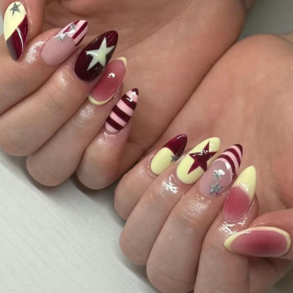 Burgundy Star Press On Nails: Handmade Retro Y2K Stripe Nail Art