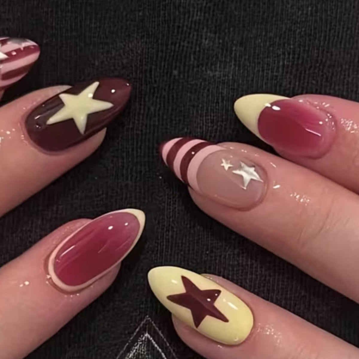 Burgundy Star Press On Nails: Handmade Retro Y2K Stripe Nail Art
