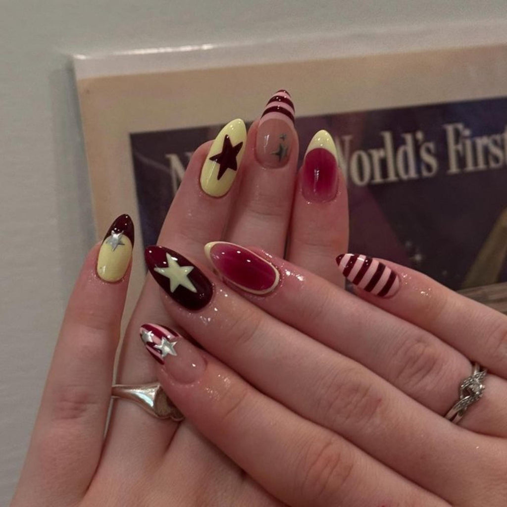 Burgundy Star Press On Nails: Handmade Retro Y2K Stripe Nail Art